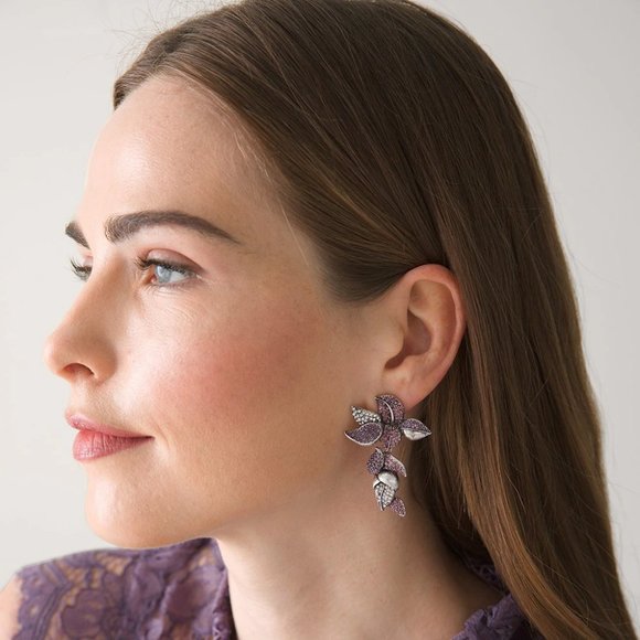WHBM * LAST ONE! * Pavé Rhinestone Statement Earrings Purple Lavender 3D Flowers - Picture 3 of 5